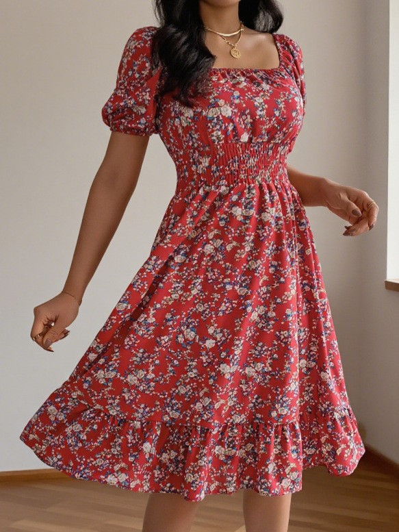 Summer Clothing Pakistan - Sommer-Frühlings-Damenkleid mit eckigem Ausschnitt, kurzen Ärmeln,